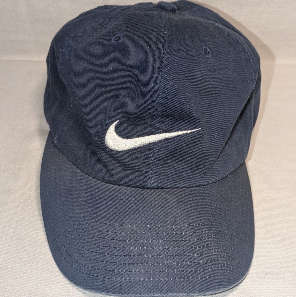 VINTAGE Nike Hat Cap Strap Back Mens One Size Navy Blue Embroidered Swoosh 90s